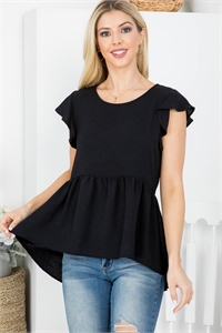 S43-1-1-AD5195 BLACK ROUND NECKLINE RUFFLE SLEEVES RUFFL HIGH-LOW TOP 2-2-2