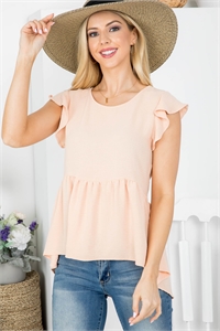 S43-1-1-AD5195 PEACH ROUND NECKLINE RUFFLE SLEEVES RUFFL HIGH-LOW TOP 2-2-2