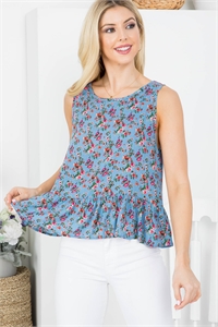 S43-1-1-AD5153-PRT BLUE FLORAL PRINT ROUND NECKLINE RUFFLE BOTTOM SLEEVELESS TOP 1-2-2-1