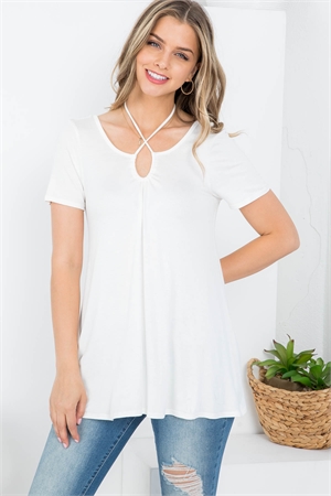 S43-1-1-AD5126 IVORY SPAGHETTI STRAP BACK NECKTIE SHORT SLEEVE BLOUSE TOP 2-2-2-2