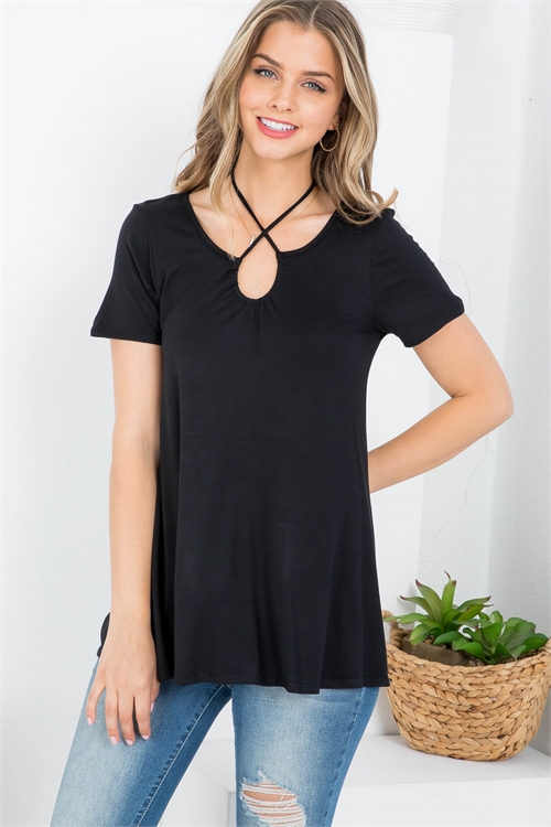 S43-1-1-AD5126 BLACK SPAGHETTI STRAP BACK NECKTIE SHORT SLEEVE BLOUSE TOP 2-2-2-2