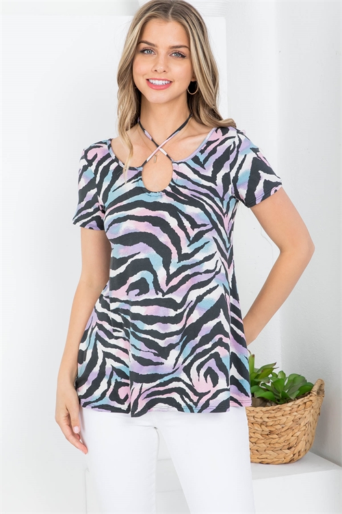 S43-1-1-AD5126-PRT LAVENDER ZEBRA PRINT TIE DYE SPAGHETTI STRAP BACK NECKTIE SHORT SLEEVE BLOUSE TOP 2-2-2-2