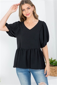 S43-1-1-AD5020-S BLACK V-NECKLINE PUFFY SLEEVE RUFFLE TOP 1-2-2-1