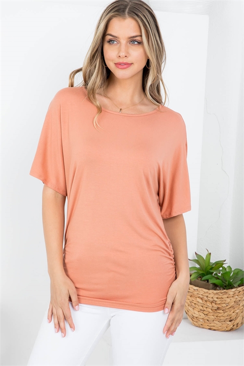 S43-1-1-AD5172 DESERT SCOOPED NECKLINE RUCHED SIDE SLIT SLEEVE BATWING  TOP 2-2-2-2