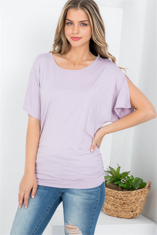S43-1-1-AD5172 LIGHT ORCHID SCOOPED NECKLINE RUCHED SIDE SLIT SLEEVE BATWING TOP 2-2-2-2