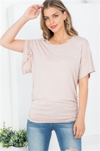 S43-1-1-AD5172 SAND SCOOPED NECKLINE RUCHED SIDE SLIT SLEEVE BATWING TOP 2-2-2-2