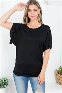 S43-1-1-AD5172 BLACK SCOOPED NECKLINE RUCHED SIDE SLIT SLEEVE BATWING TOP 2-2-2-2