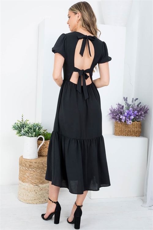 S43-1-1-AD5121 BLACK ROUND NECKLINE BACK BOW-TIE DETAIL TIERED RUFFLE DRESS 2-2-2