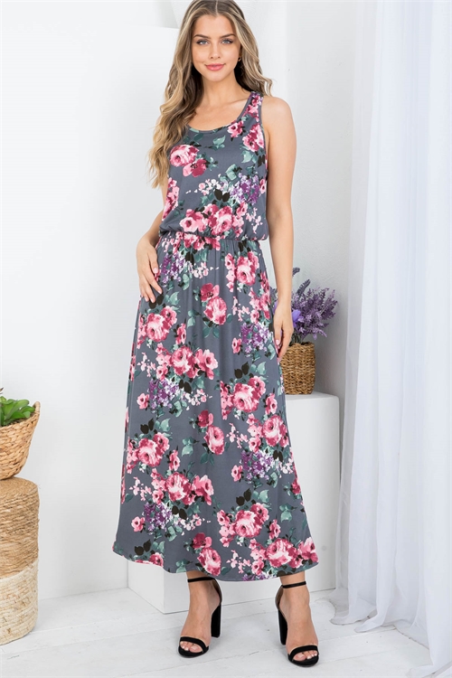 S43-1-1-AD4545 GRAY FLORAL PRINT RACERBACK A-LINE SLEEVELESS DRESS 2-2-2