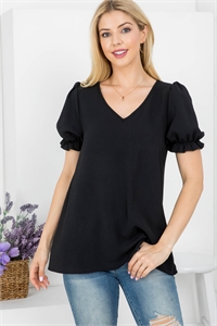 S43-1-1-AD5169-BLACK V-NECKLINE SHORT CUFFED BELL SLEEVE BLOUSE TOP 2-2-2-1