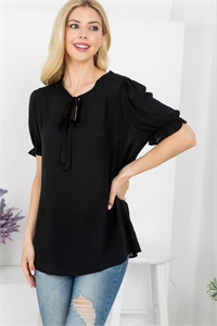 S43-1-1-AD4617-BLACK ROUND NECKLINE WITH FRONT TIE CUFFED SHORT SLEEVE TOP 2-2-2-2