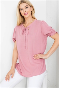 S43-1-1-AD4617-MAUVE ROUND NECKLINE WITH FRONT TIE CUFFED SHORT SLEEVE TOP 2-2-2-2