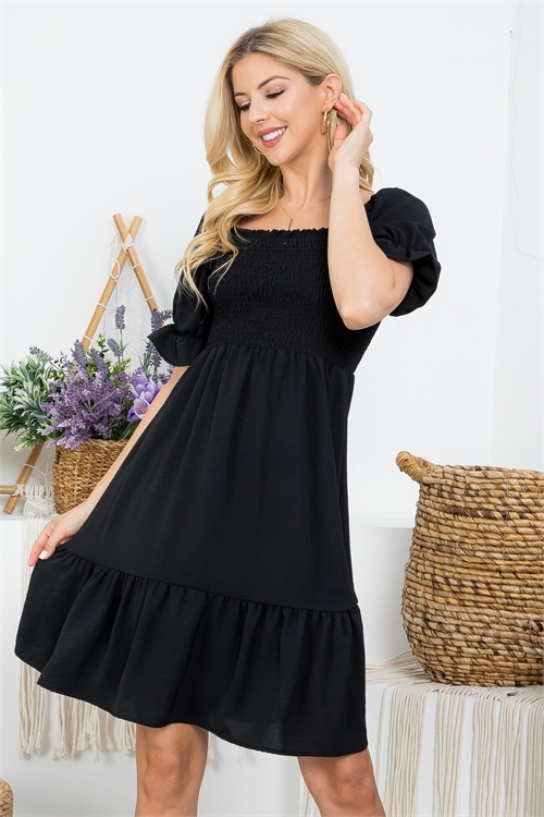S43-1-1-AD5140-BLACK RUCHED SQUARE NECKLINE BELL SHORT SLEEVE RUFFLE DRESS 2-2-2-1