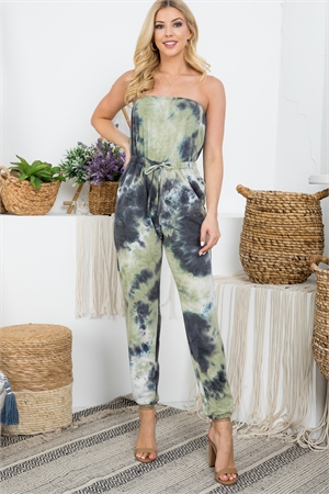 S43-1-1-AD5129-OLIVE TIE DYE PRINT DRAWSTRING WAISTLINE WITH SIDE POCKET CUFFED LEG TUBE JUMPSUIT 2-2-2