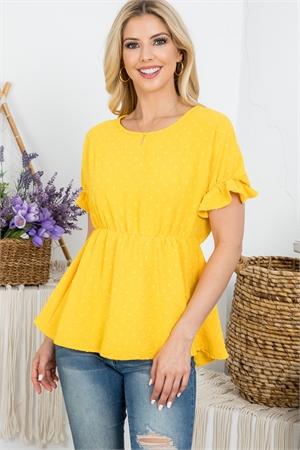 S43-1-1-AD4582-YELLOW ROUND NECKLINE RAISED POLKA DOT RUFFLE SHORT SLEEVE TOP 1-2-2-1