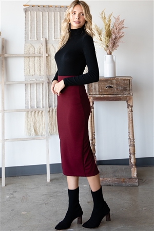 S43-1-1-AD4930-BURGUNDY SOLID MIDI PENCIL SKIRT WITH SLIT BACK 1-2-2-1