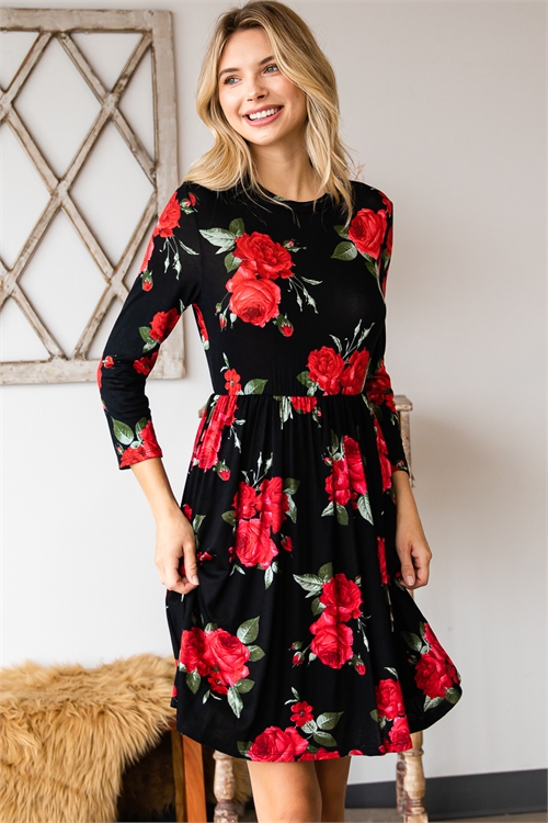 S43-1-1-AD4737-PRT-BLACK FLORAL 3/4 SLEEVE CREW NECK ELASTIC WAIST DRESS 2-2-2