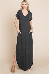 S43-1-1-AD4760-CHARCOAL 2TONE V-NECK SHEATH ROUND BOTTOM DRESS 2-2-2