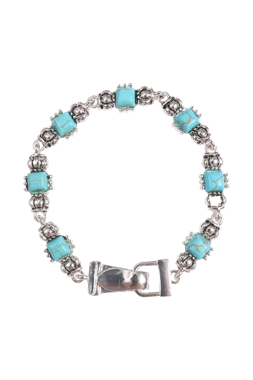 A1-3-1-SB1002ASTQS - WESTERN CONCHO NATURAL STONE EMBELISHED MAGNETIC BRACELET-SILVER BURNISH TURQUOISE/1PC
