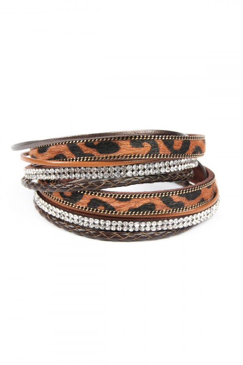 SA4-1-2-SB7112BR BROWN FAUX ANIMAL SKIN LEATHER WITH RHINESTONE AND BRAIDED LEAHTER MAGNETIC LOCK WRAP BRACELET/6PCS