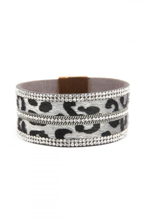 SA4-3-2-SB7114GY GRAY FAUX LEATHER ANIMAL SKIN EMBELLISHED WITH RHINESTONE AND CHAIN MAGNETIC LOCK BRACELET/6PCS