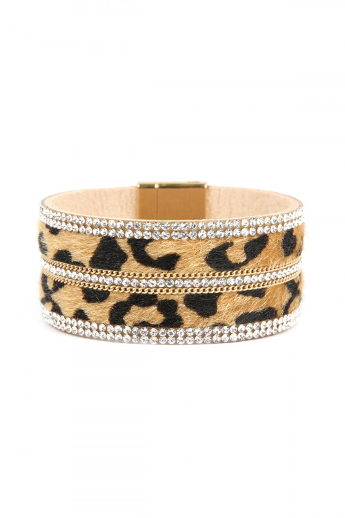 SA4-3-2-SB7114NT NATURAL FAUX LEATHER ANIMAL SKIN EMBELLISHED WITH RHINESTONE AND CHAIN MAGNETIC LOCK BRACELET/6PCS