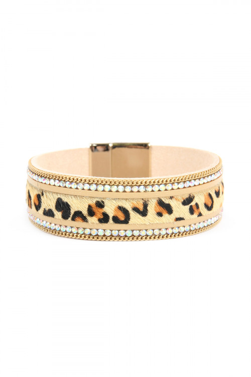 SA4-1-2-SB7123NT NATURAL FAUX LEATHER LEOPARD SKIN WITH CHAIN AND RHINESTONE MAGNETIC LOCK LEATHER BRACELET/6PCS