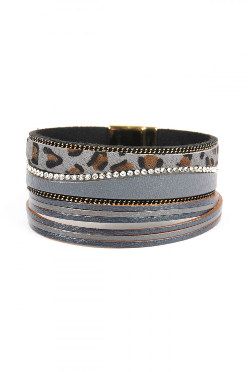 SA4-3-4-SB7144GY GRAY WAVE FAUX ANIMAL SKIN LEATHER WITH RHINESTONE AND CHAIN MAGNETIC LOCK BRACELET/6PCS