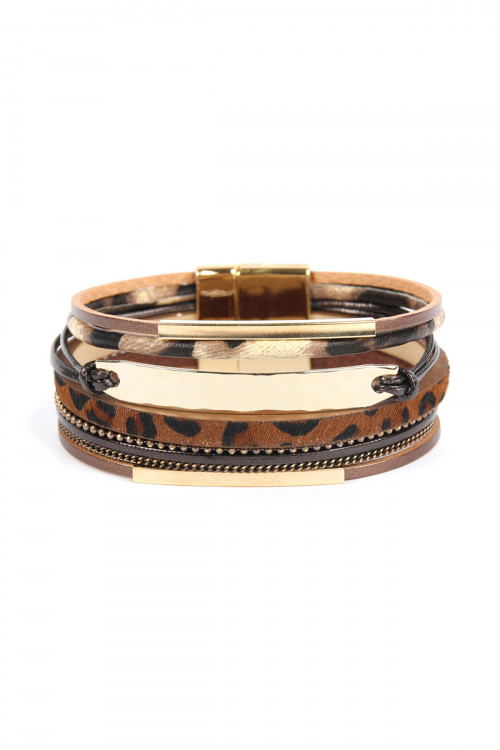 S4-5-3-SB7158BR BROWN FAUX ANIMAL SKIN LEATHER WITH BAR MAGNETIC LOCK BRACELET/6PCS