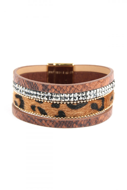 S4-6-2-SB7159BR BROWN ANIMAL SKIN LEATHER WITH CUSHION CUT BEADS BRACELET/6PCS