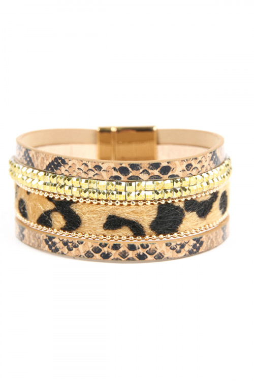 S4-6-2-SB7159NT NATURAL ANIMAL SKIN LEATHER WITH CUSHION CUT BEADS BRACELET/6PCS