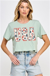 PO-SCT-E2274-DUST - USA 4TH OF JULY AMERICA PATRIOTIC GRAPHIC SHORT CROP TOP- DUST MINT-2-2-2