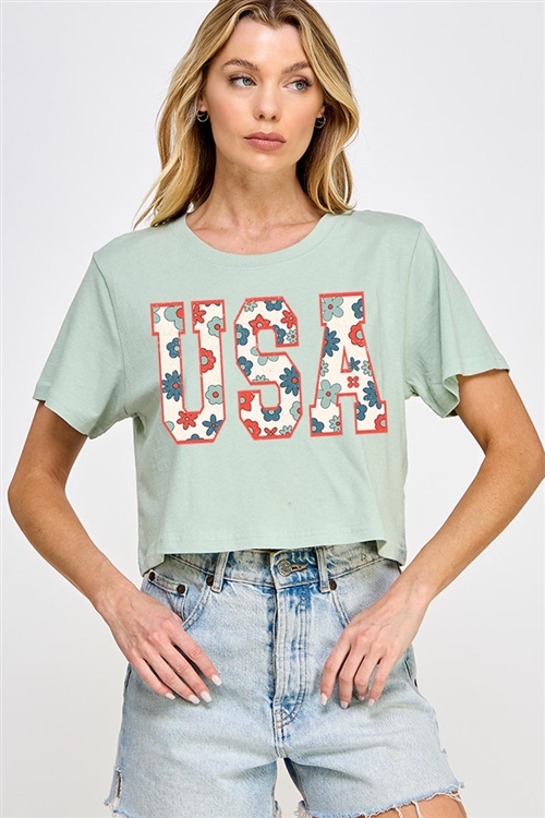 PO-SCT-E2274-DUST - USA 4TH OF JULY AMERICA PATRIOTIC GRAPHIC SHORT CROP TOP- DUST MINT-2-2-2