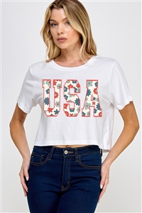 PO-SCT-E2274-W - USA 4TH OF JULY AMERICA PATRIOTIC GRAPHIC SHORT CROP TOP- WHITE-2-2-2