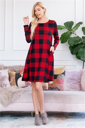 S12-9-2-SD1605LS-RPL006-BKRD - PLAID LONG SLEEVE ABOVE KNEE DRESS- BLACK RED 0-0-0-3