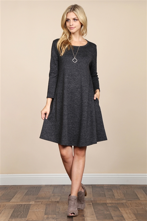 S10-15-3-SD1605SW-BK-1 - TWO TONE BRUSHED HACCI POCKET DRESS- BLACK 2-2-0-0-2