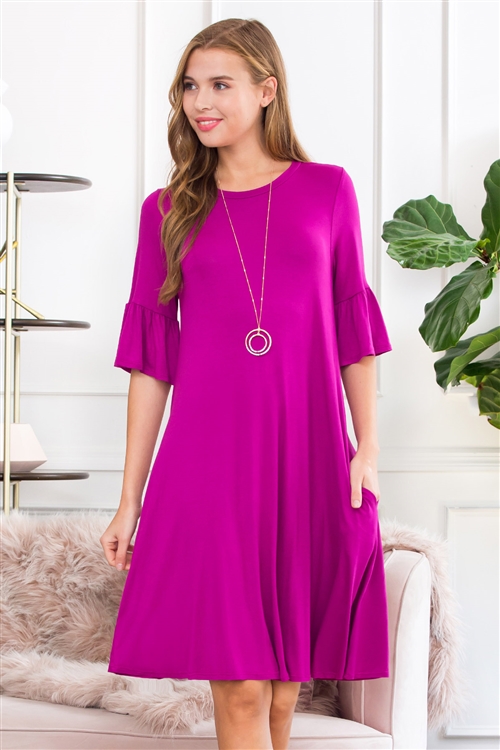 S29-9-1-SD1648-BRY - BELL SLEEVE SOLID SWING POCKET DRESS- BERRY 1-2-2-2