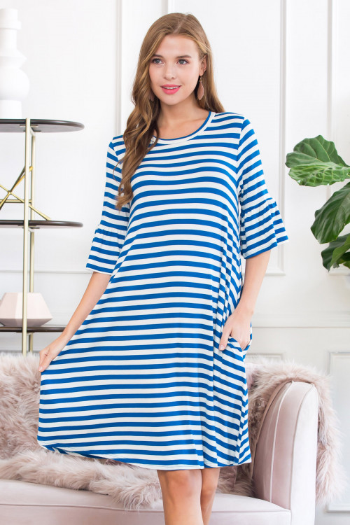 S14-8-4-SD1648-S20-BL BLUE STRIPED BELL SLEEVED SWING POCKET DRESS 1-2-2-2