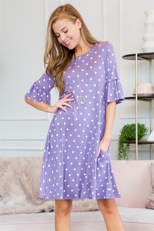 S29-9-1-SD1648PD-LVD-1 - BELL SLEEVE POLKA DOT SWING POCKET DRESS- LAVENDER 3