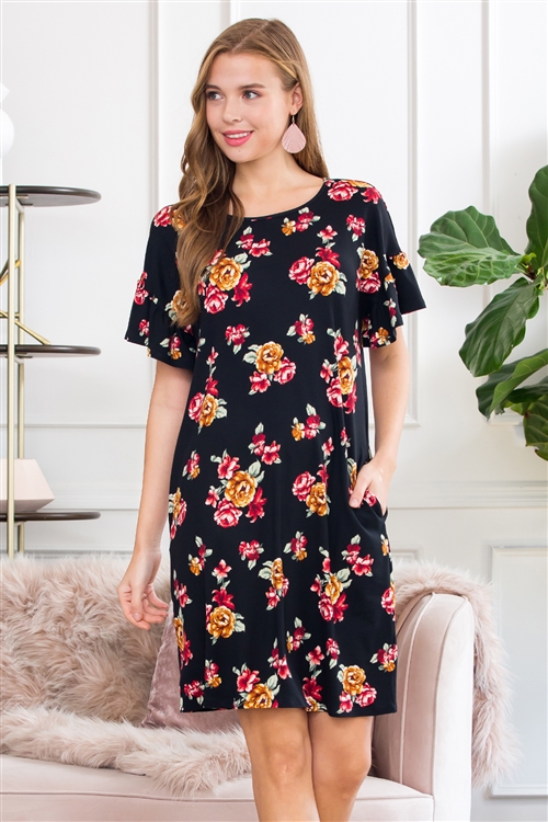 S14-8-3-SD1663-F31-BK-3 - BELL SLEEVE FLORAL POCKET DRESS- BLACK 3