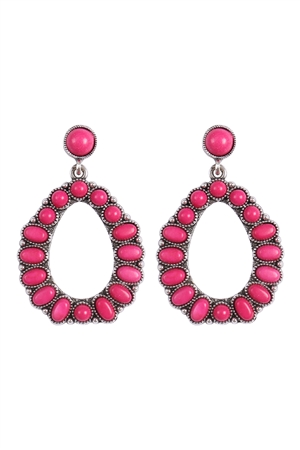 A1-3-1-SE1624SBFUH -  WESTERN CONCHO NATURAL STONE DROP DANGLE  EARRINGS-SILVER BURNISH FUCHSIA/1PC (NOW $ 4.75 ONLY!)