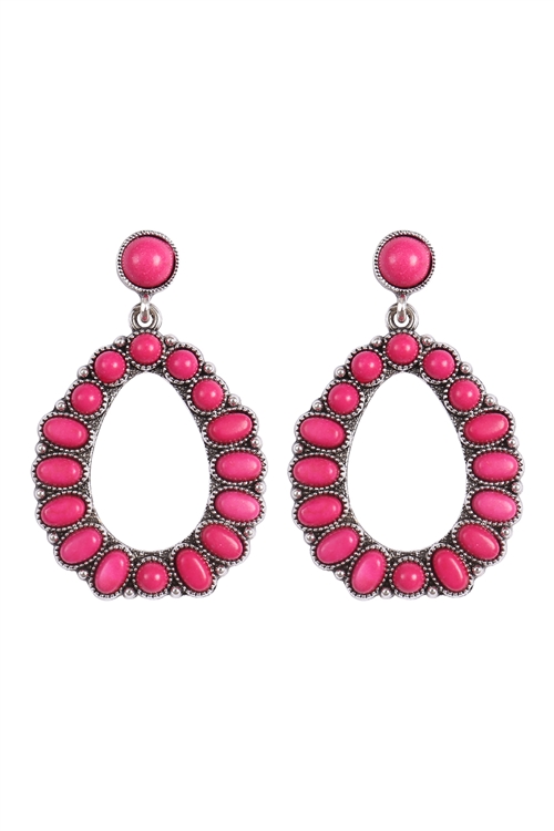 A1-3-1-SE1624SBFUH -  WESTERN CONCHO NATURAL STONE DROP DANGLE  EARRINGS-SILVER BURNISH FUCHSIA/1PC (NOW $ 4.75 ONLY!)
