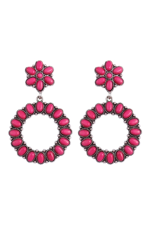 A1-1-1-SE1629SBFUH -  FLOWER ROUND NATURAL STONE DROP DANGLE EARRINGS-SILVER BURNISH FUCHSIA/1PC  (NOW $ 4.75 ONLY!)
