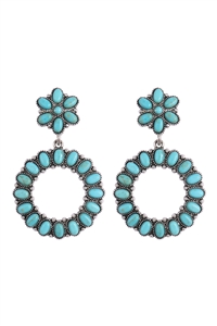 A1-1-1-SE1629SBTQ -  FLOWER ROUND NATURAL STONE DROP DANGLE EARRINGS-SILVER BURNISH TURQUIOSE/1PC  (NOW $ 4.75 ONLY!)