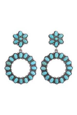 A1-1-1-SE1629SBTQ -  FLOWER ROUND NATURAL STONE DROP DANGLE EARRINGS-SILVER BURNISH TURQUIOSE/1PC  (NOW $ 4.75 ONLY!)