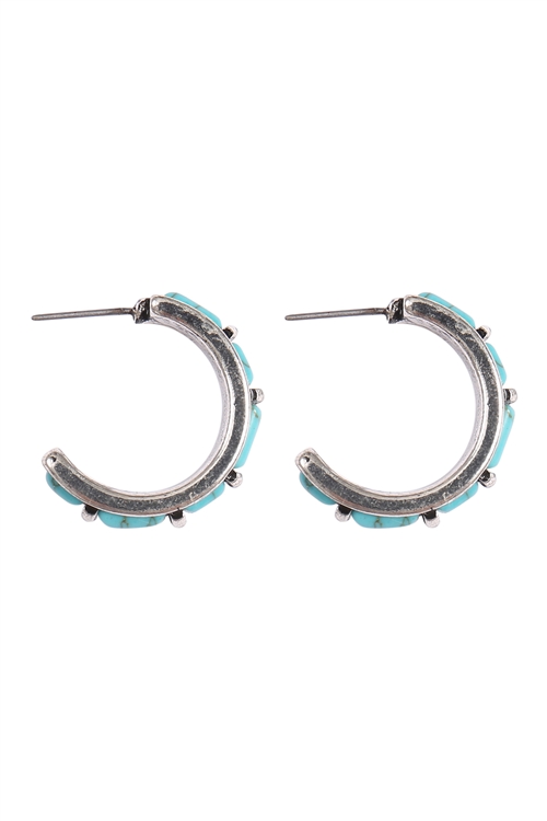 A1-1-1-SE1751SBTQ - WESTERN CONCHO NATURAL STONE SEMI HOOP EARRINGS-SILVER BURNISH TURQUOISE/1PC