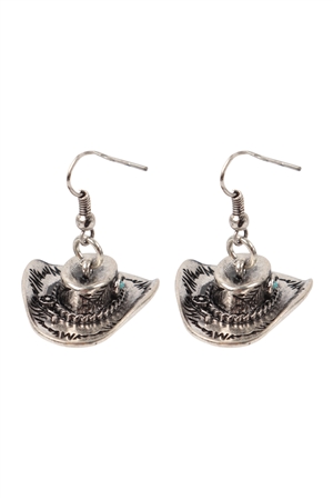 S1-5-3-SE2257SBTQ - WESTERN 3D COWBOY HAT FISH HOOK EARRINGS-BURNISH SILVER TURQUOISE/1PC