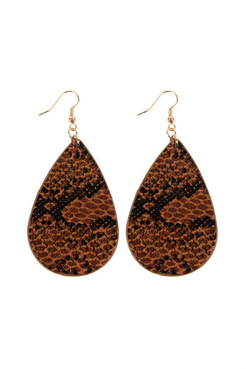 A1-2-4-SE6141BR BROWN SNAKE SKIN TEARDROP LEATHER EARRINGS/1PAIR