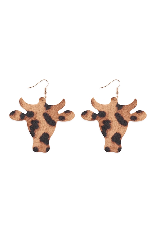 A1-2-5-SE6929BR - BULL ANIMAL PRINT LEATHER HOOK EARRINGS - BROWN/6PCS