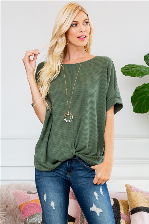 S14-8-1-SMT-1107-OV-2 - TWIST FRONT DOLMAN SLEEVE TOP- OLIVE 1-2-4-0